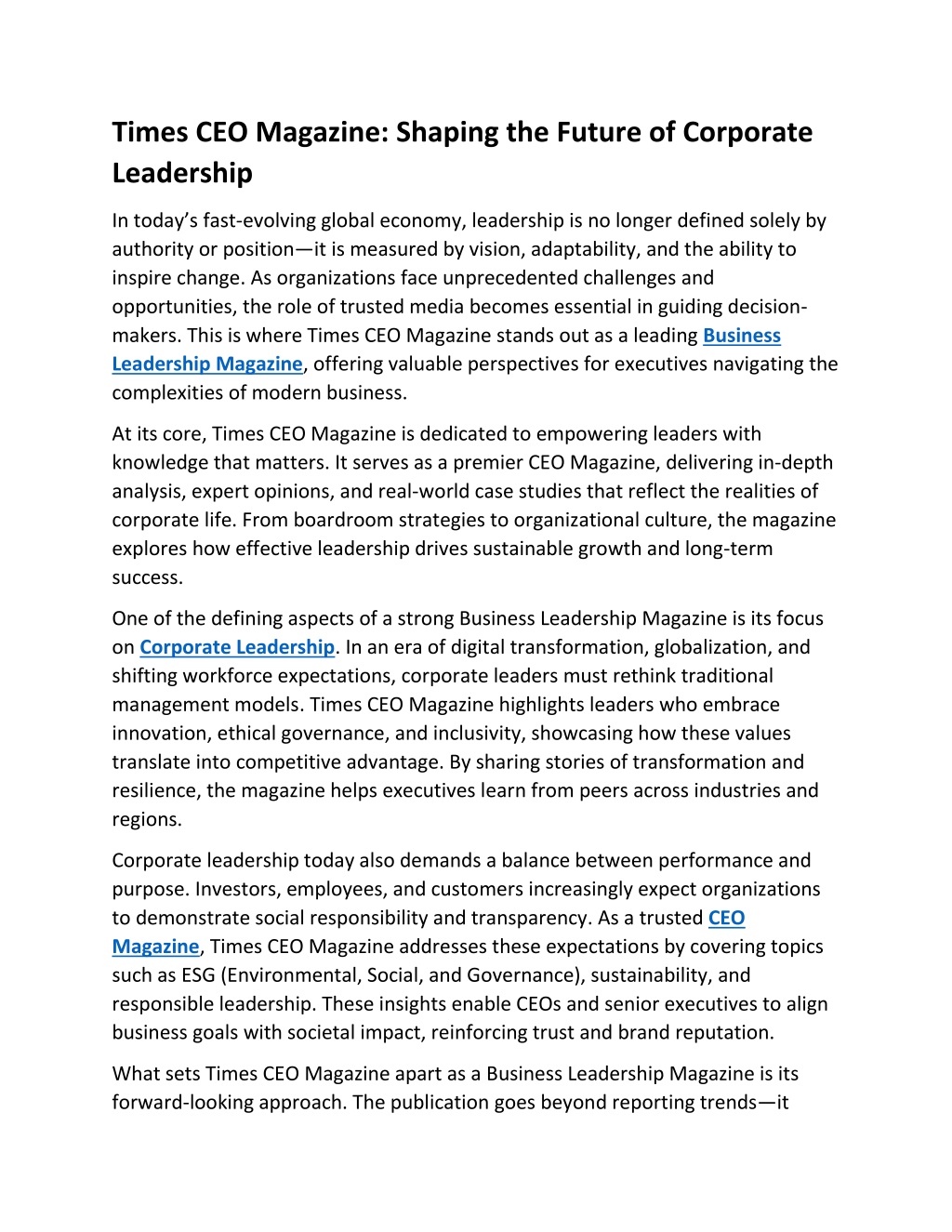 PPT - Times CEO Magazine- Shaping the Future of Corporate Leadership ...