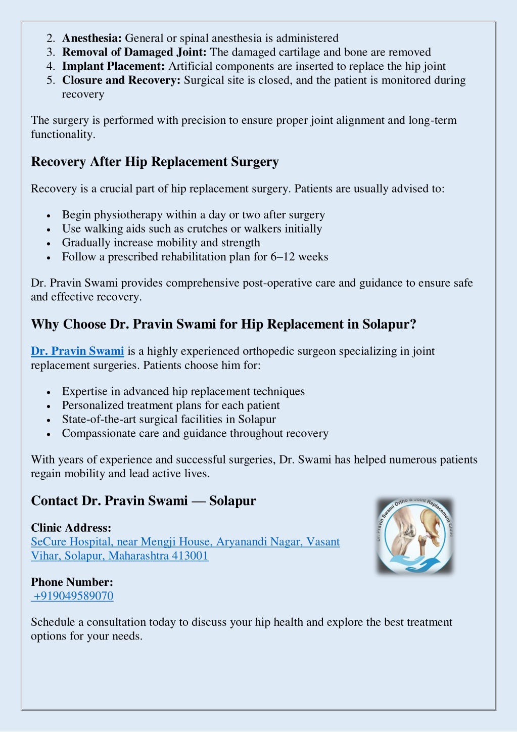 PPT - Total Hip Replacement Surgery in Solapur — Dr. Pravin Swami ...
