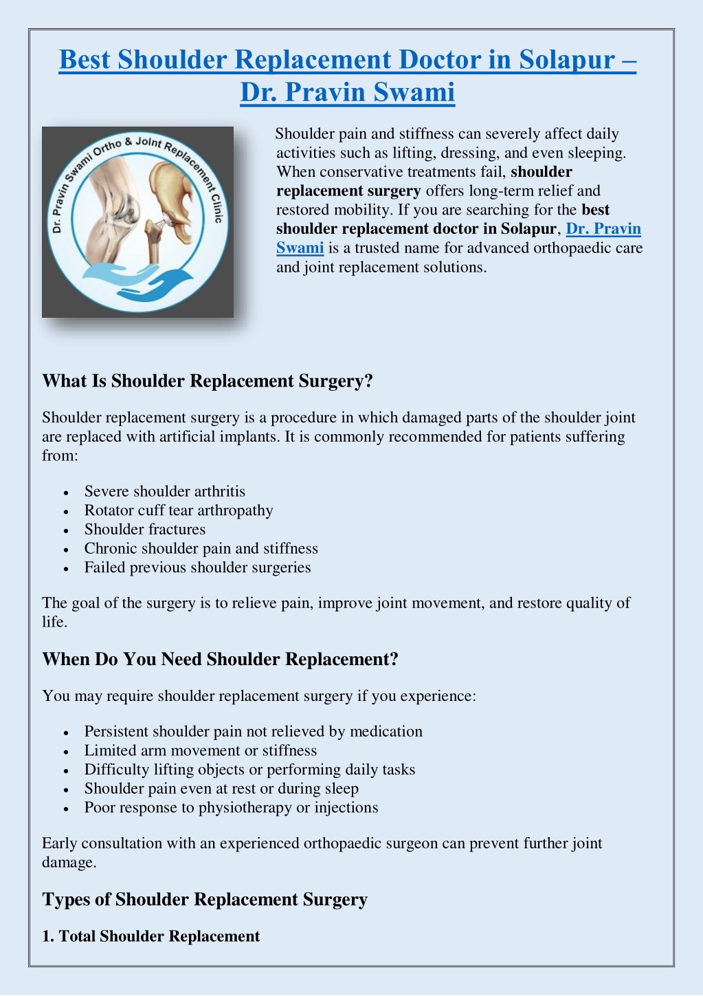 PPT - Best Shoulder Replacement Doctor in Solapur – Dr. Pravin Swami ...