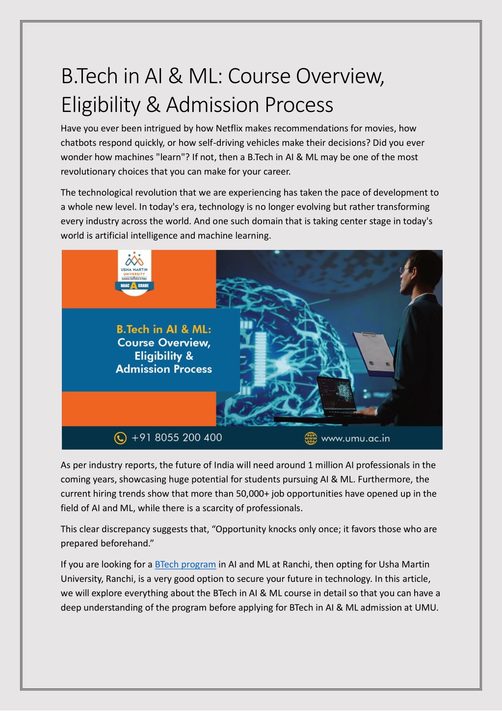 PPT - BTech in AI & ML Course Overview, Eligibility & Admission Process ...